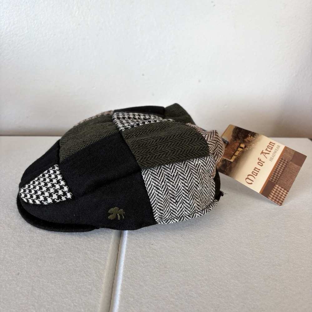 Man Of Aran Wool Newsboy Flat Cap M/L Preppy Patchwork Tweed Shamrock Ireland